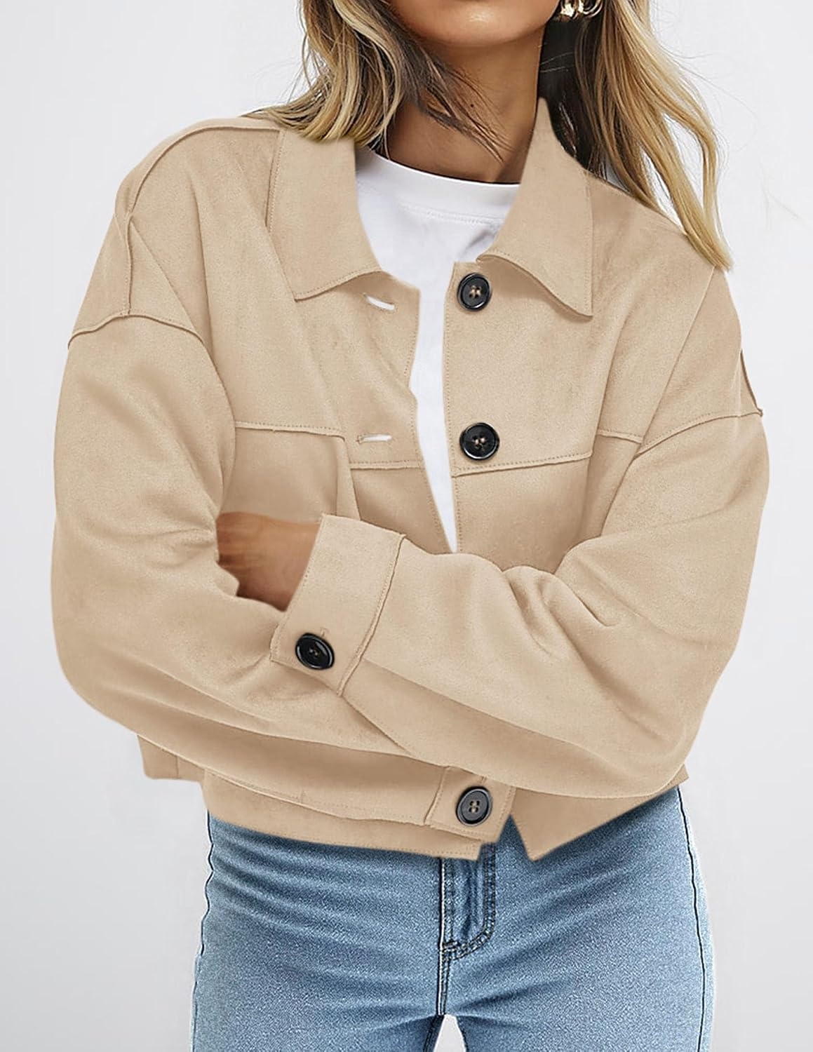 image:imagePRETTYGARDEN Womens Faux Suede Shacket Jackets Lightweight Cropped CoatsBeige
