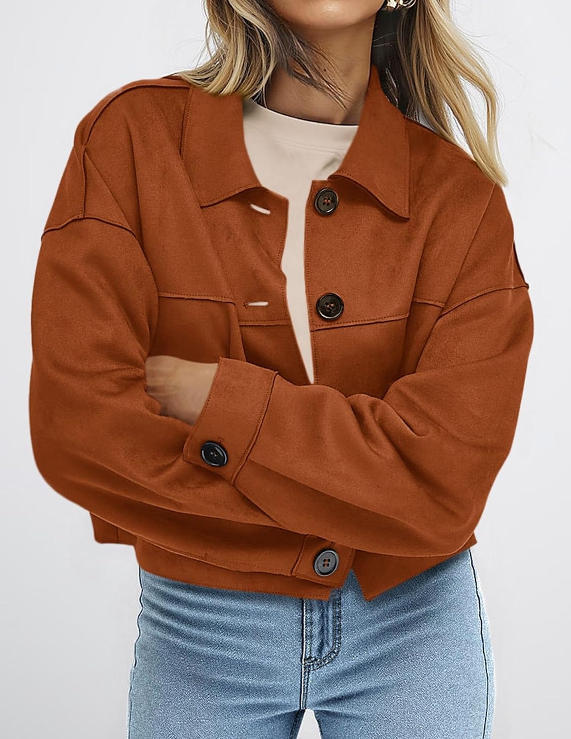 image:imagePRETTYGARDEN Womens Faux Suede Shacket Jackets Lightweight Cropped CoatsBurnt Orange