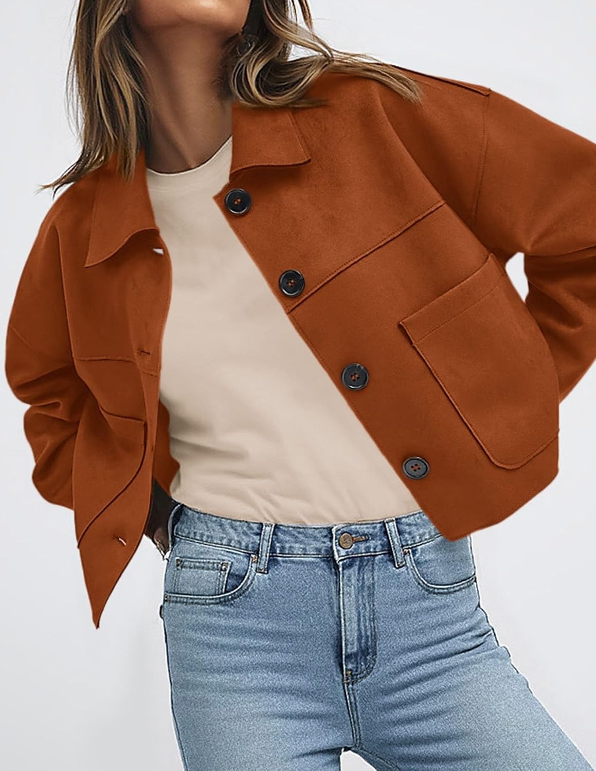 image:imagePRETTYGARDEN Womens Faux Suede Shacket Jackets Lightweight Cropped CoatsBurnt Orange