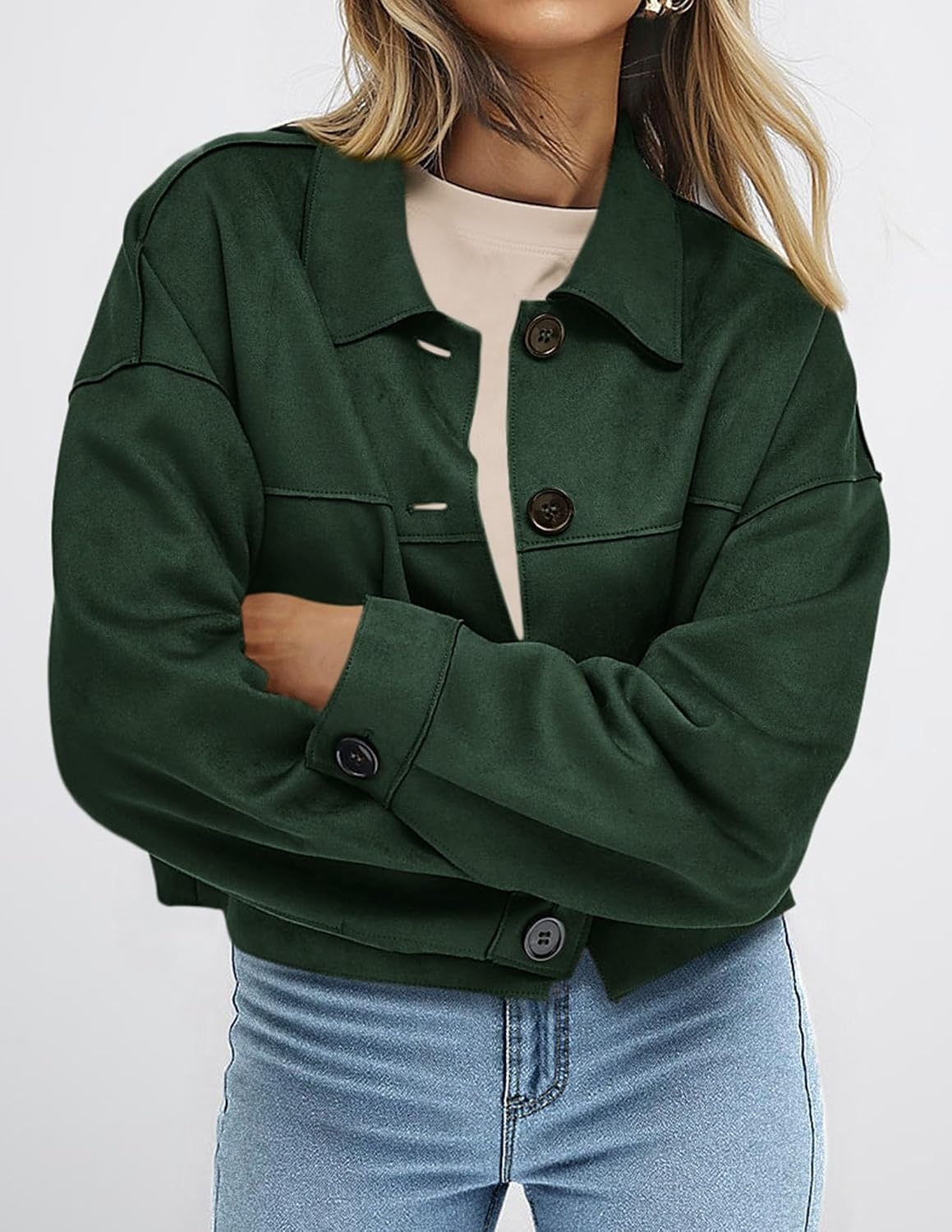 image:imagePRETTYGARDEN Womens Faux Suede Shacket Jackets Lightweight Cropped CoatsDark Green