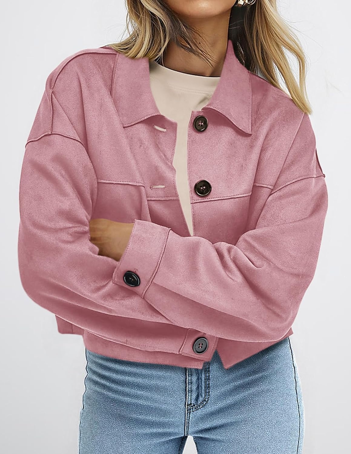 image:imagePRETTYGARDEN Womens Faux Suede Shacket Jackets Lightweight Cropped CoatsPink