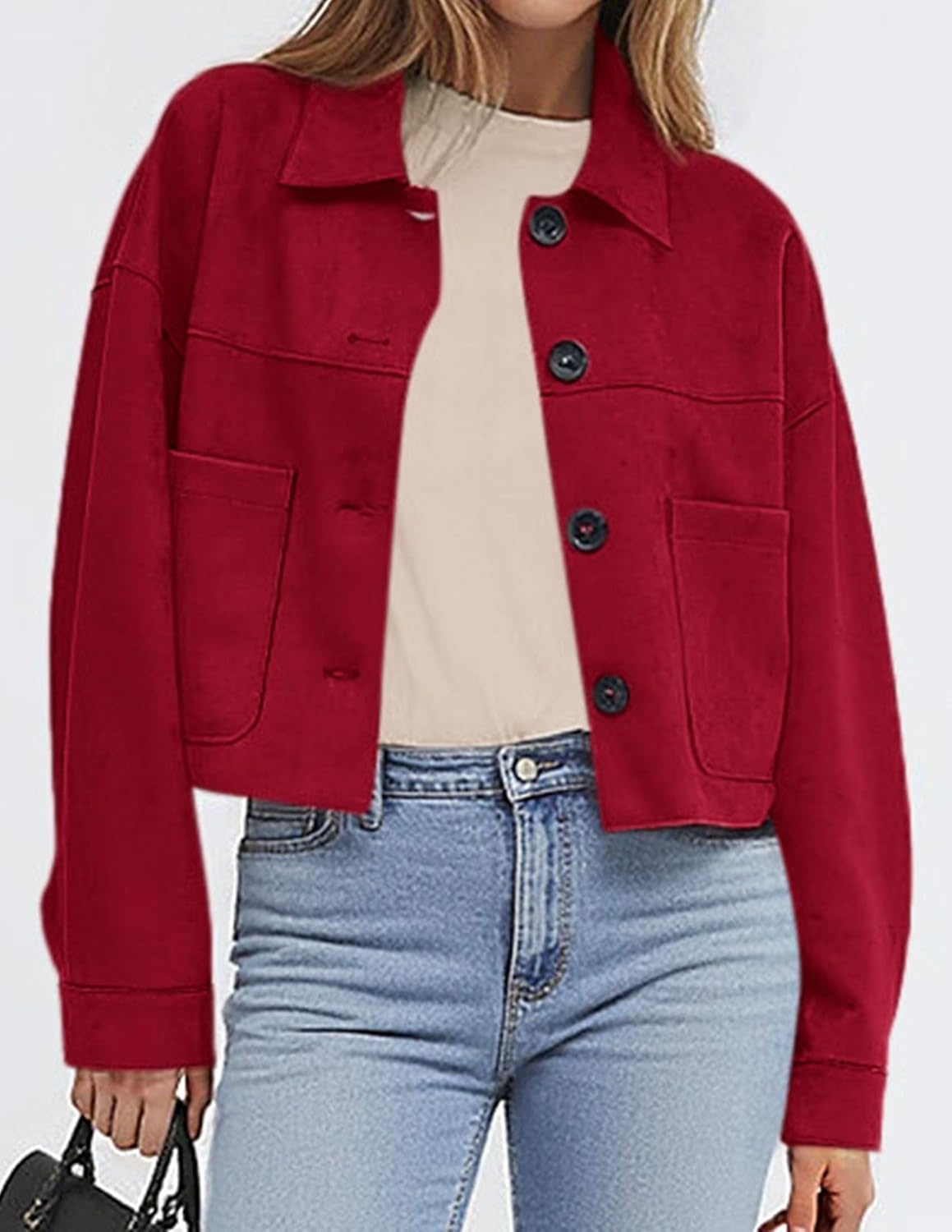 image:imagePRETTYGARDEN Womens Faux Suede Shacket Jackets Lightweight Cropped CoatsRed