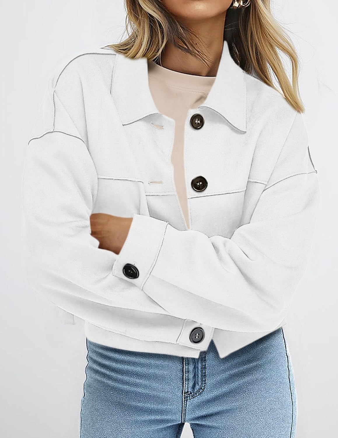 image:imagePRETTYGARDEN Womens Faux Suede Shacket Jackets Lightweight Cropped CoatsWhite