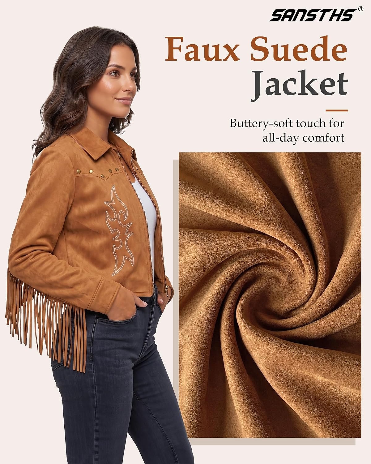 image:imageSANSTHS Faux Suede Leather Jacket Fringe Jackets Women Western Cowgirl TopBrown