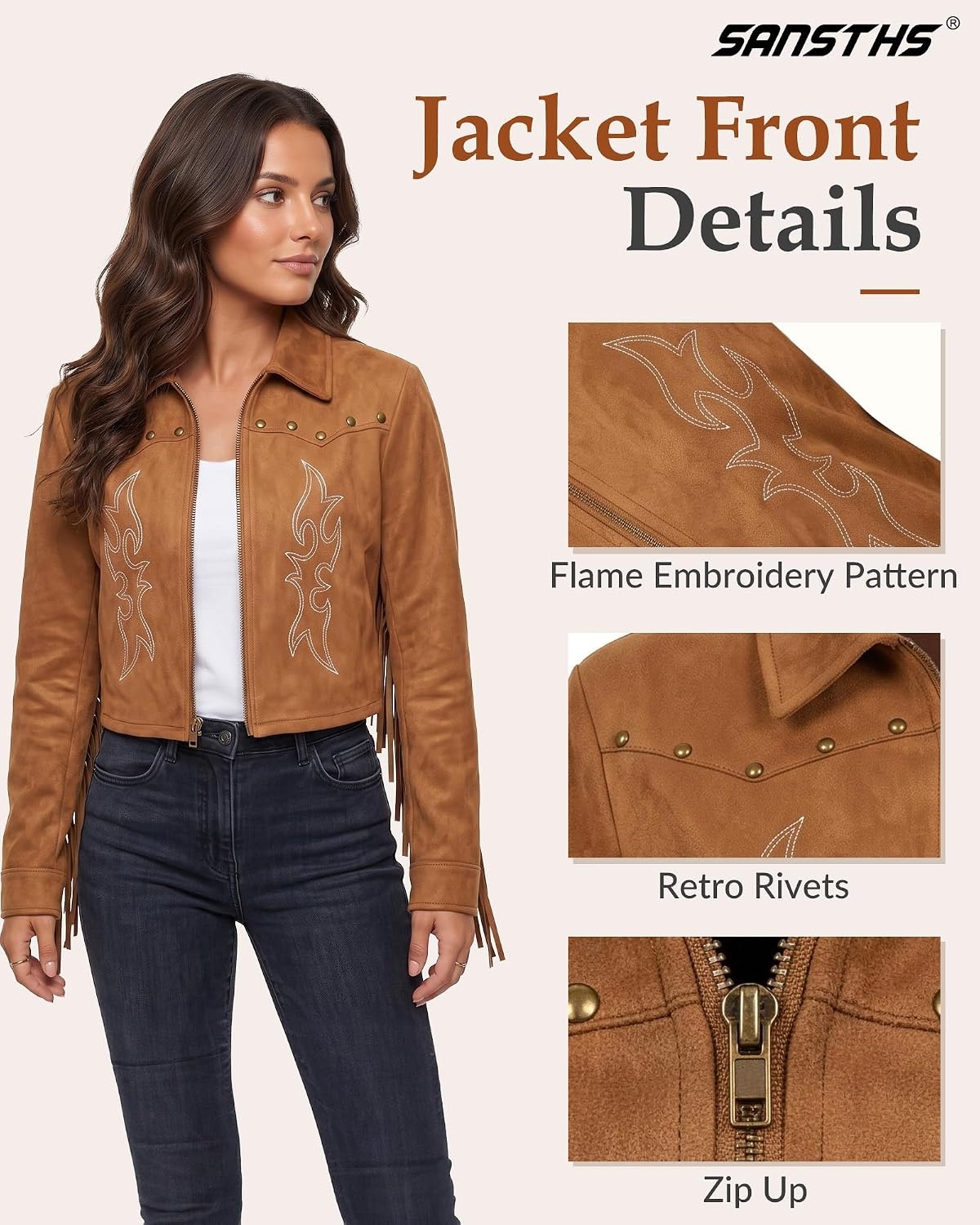 image:imageSANSTHS Faux Suede Leather Jacket Fringe Jackets Women Western Cowgirl TopBrown
