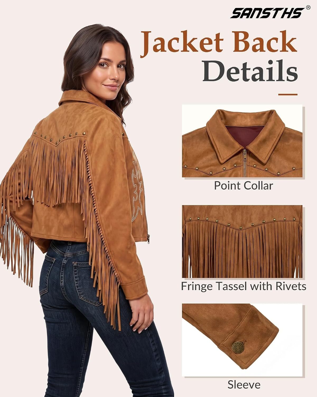 image:imageSANSTHS Faux Suede Leather Jacket Fringe Jackets Women Western Cowgirl TopBrown