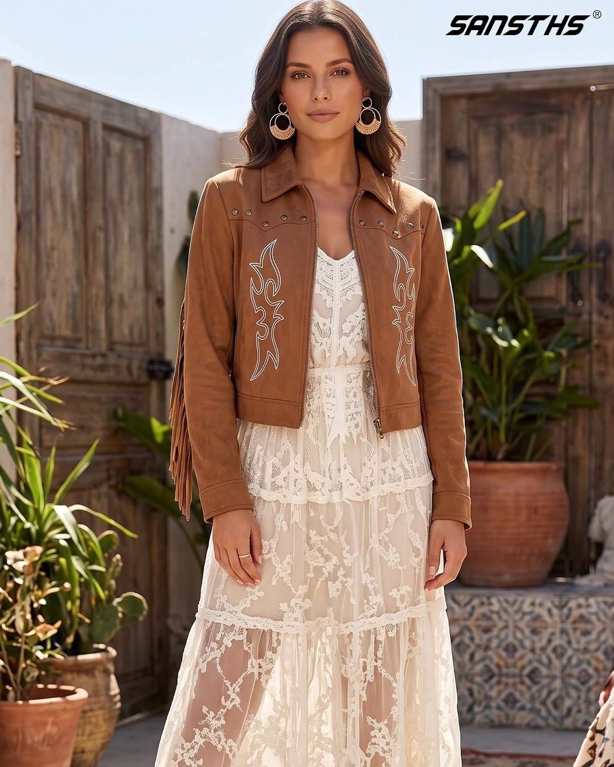 image:imageSANSTHS Faux Suede Leather Jacket Fringe Jackets Women Western Cowgirl TopBrown