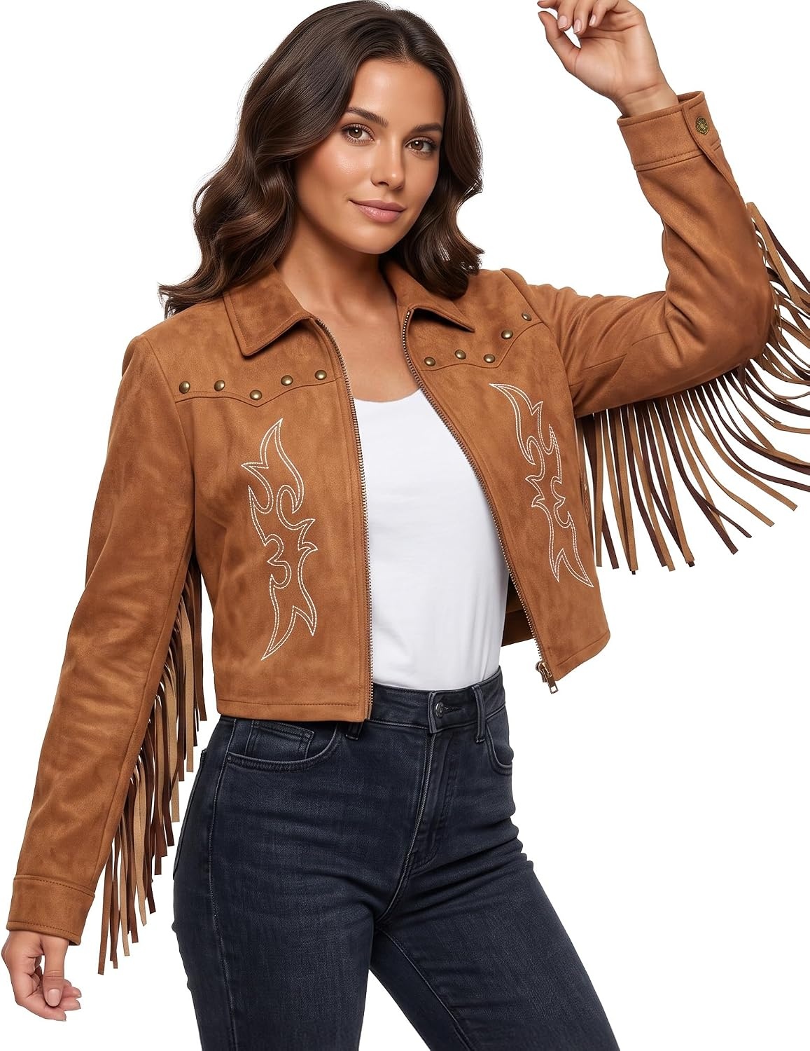 image:imageSANSTHS Faux Suede Leather Jacket Fringe Jackets Women Western Cowgirl TopBrown