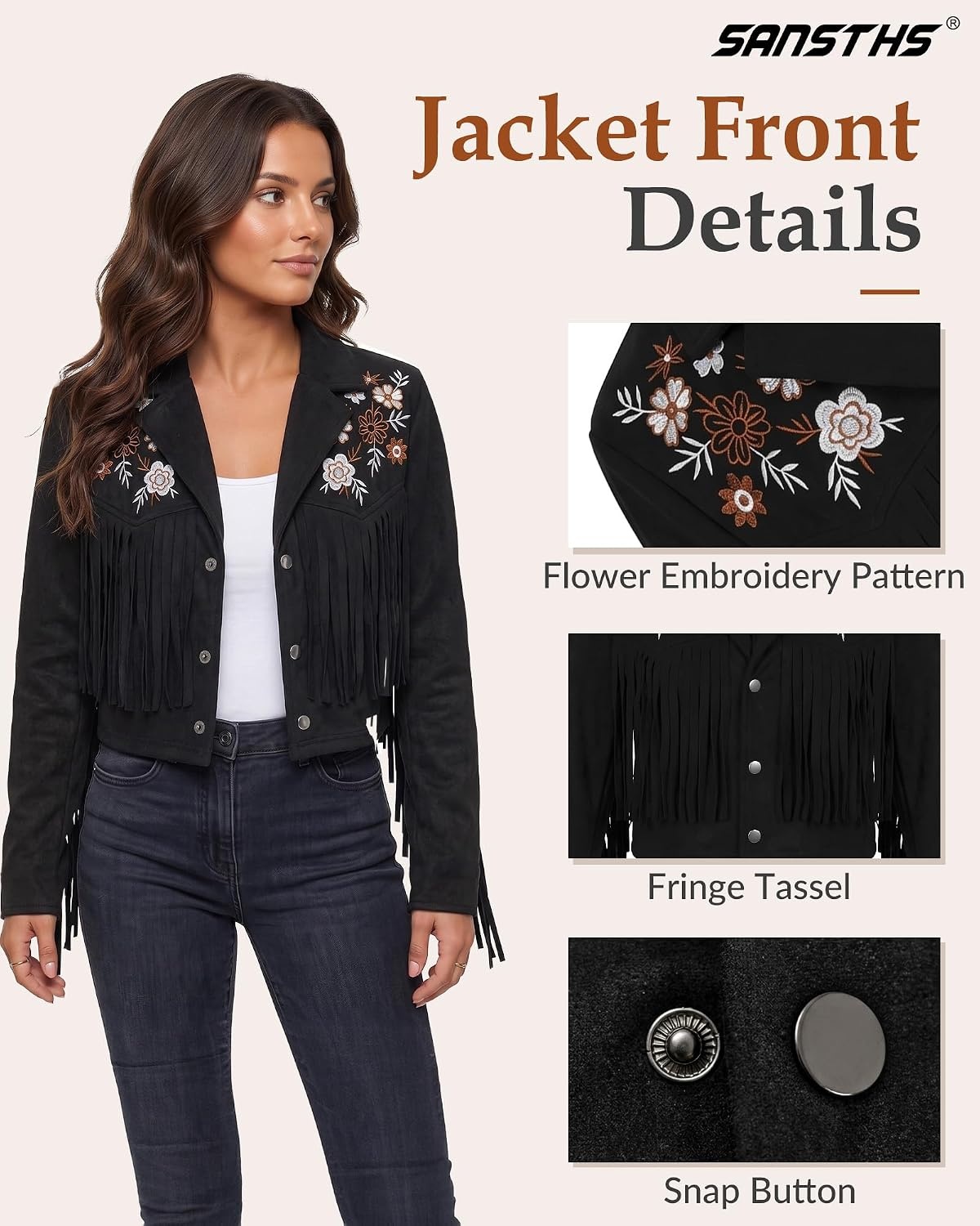 image:imageSANSTHS Faux Suede Leather Jacket Fringe Jackets Women Western Cowgirl TopDark Black