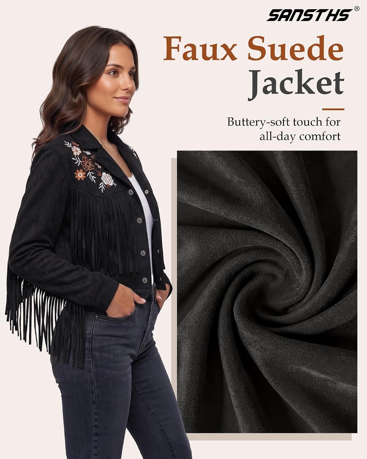 image:imageSANSTHS Faux Suede Leather Jacket Fringe Jackets Women Western Cowgirl TopDark Black