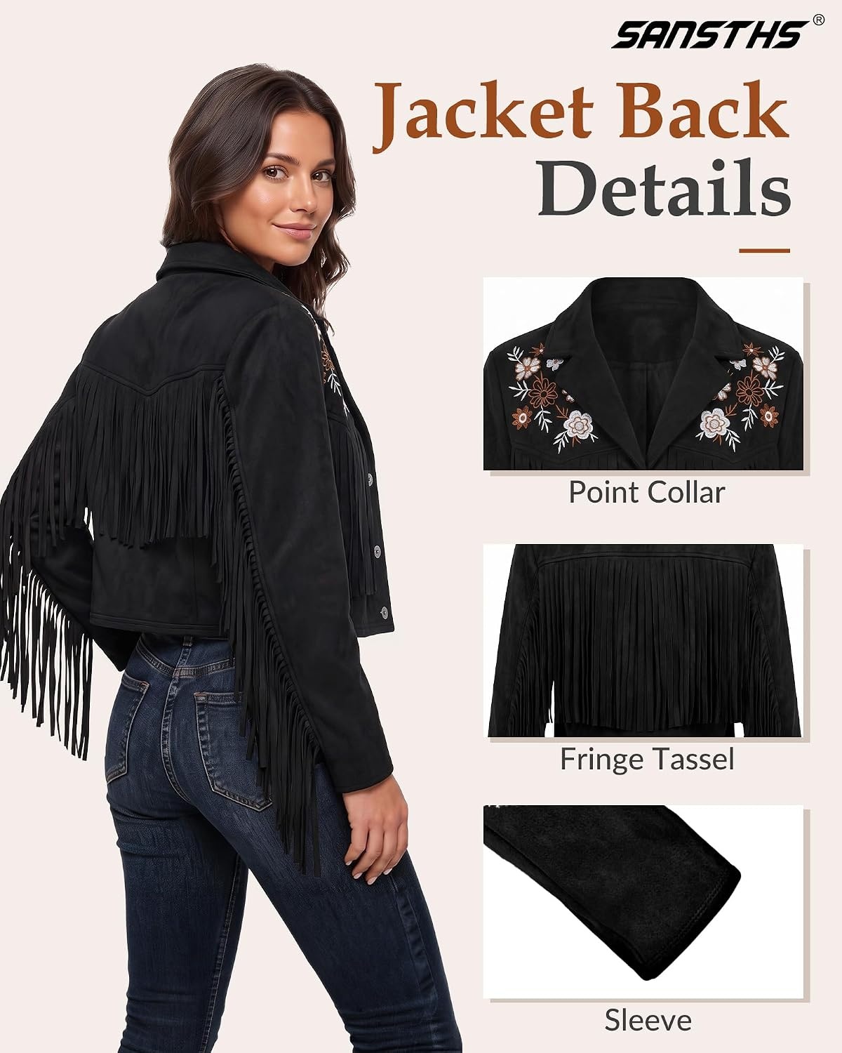 image:imageSANSTHS Faux Suede Leather Jacket Fringe Jackets Women Western Cowgirl TopDark Black