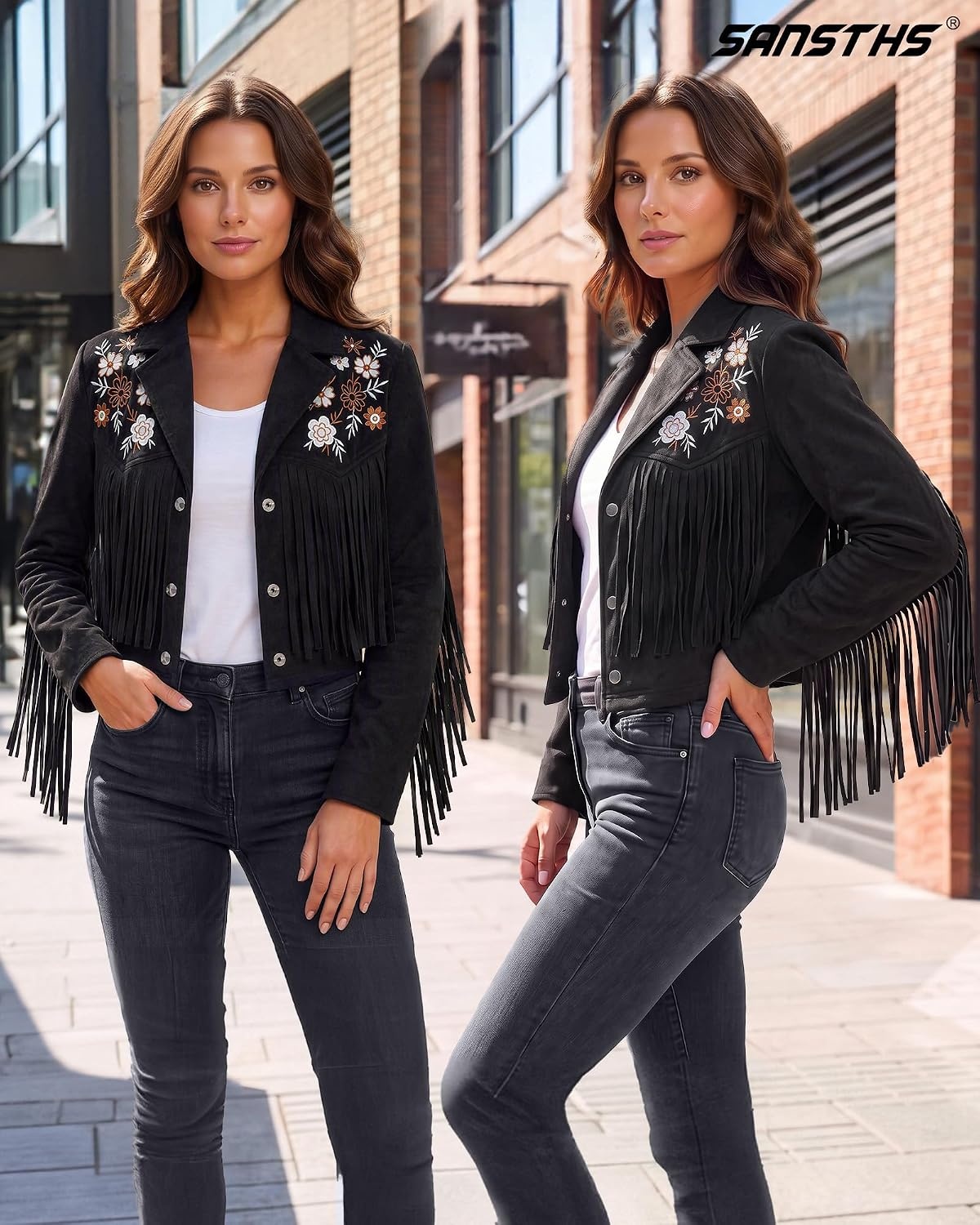 image:imageSANSTHS Faux Suede Leather Jacket Fringe Jackets Women Western Cowgirl TopDark Black