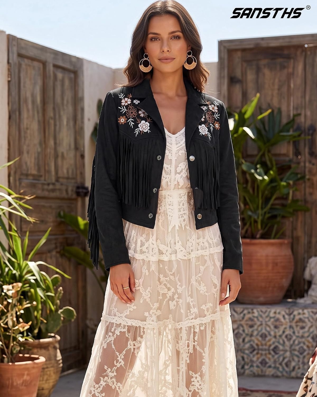 image:imageSANSTHS Faux Suede Leather Jacket Fringe Jackets Women Western Cowgirl TopDark Black