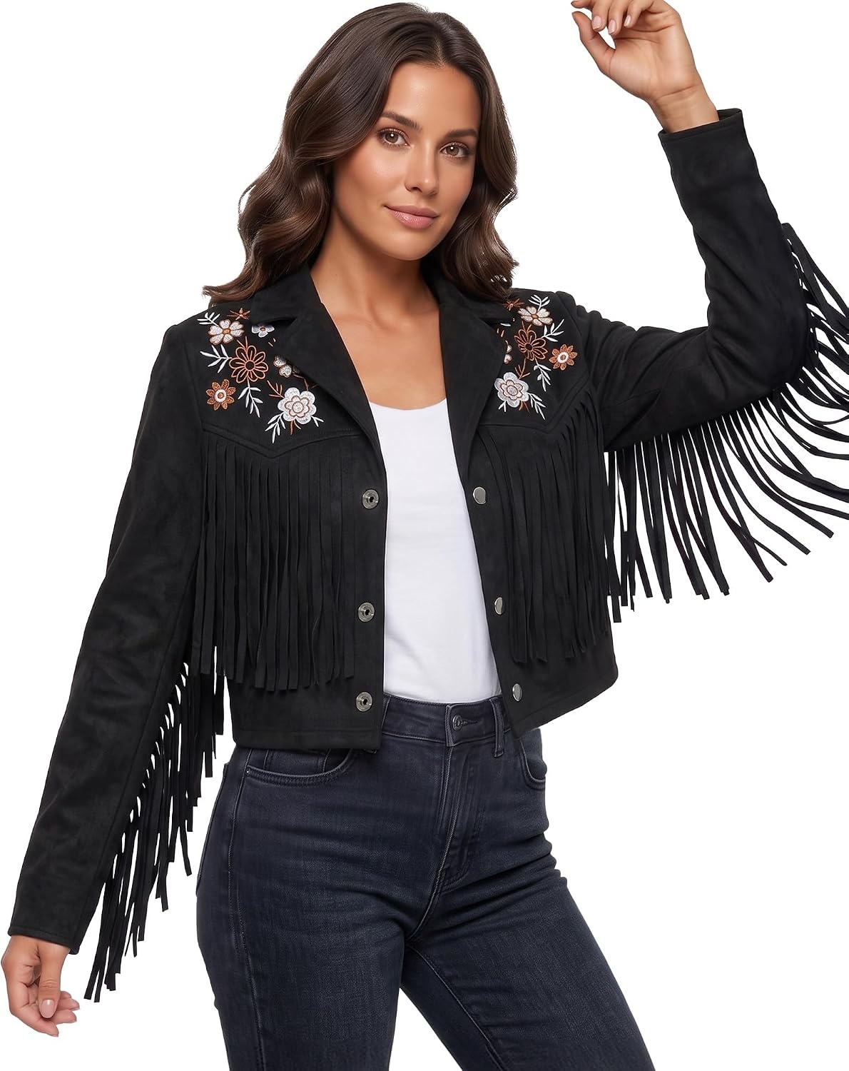 image:imageSANSTHS Faux Suede Leather Jacket Fringe Jackets Women Western Cowgirl TopDark Black