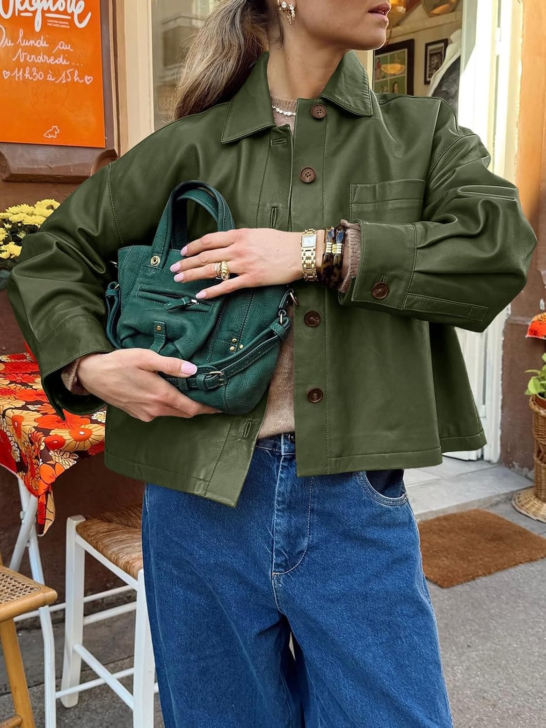 image:imageTankaneo Womens Collared Button Down Faux Leather Jackets Casual OutwearArmy Green