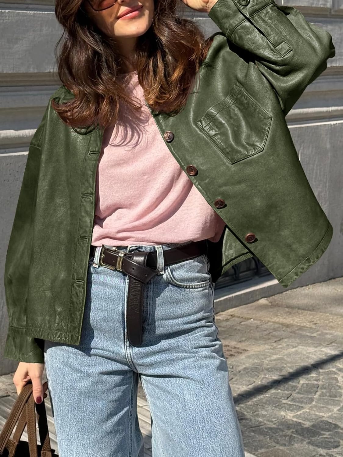 image:imageTankaneo Womens Collared Button Down Faux Leather Jackets Casual OutwearArmy Green