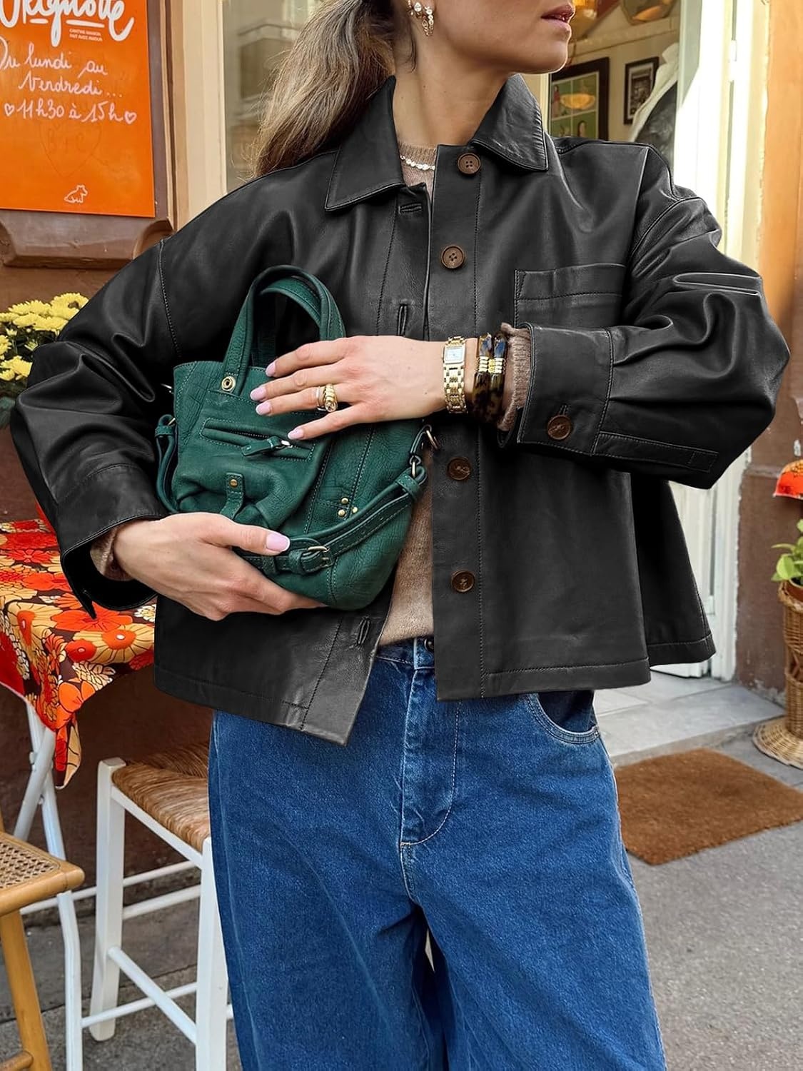 image:imageTankaneo Womens Collared Button Down Faux Leather Jackets Casual OutwearBlack