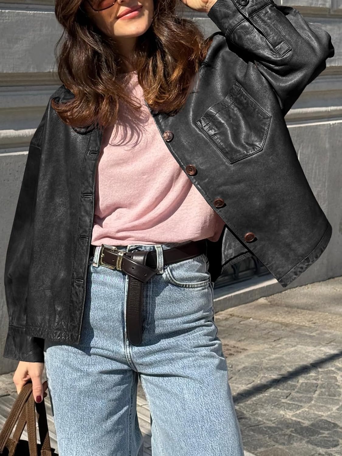 image:imageTankaneo Womens Collared Button Down Faux Leather Jackets Casual OutwearBlack