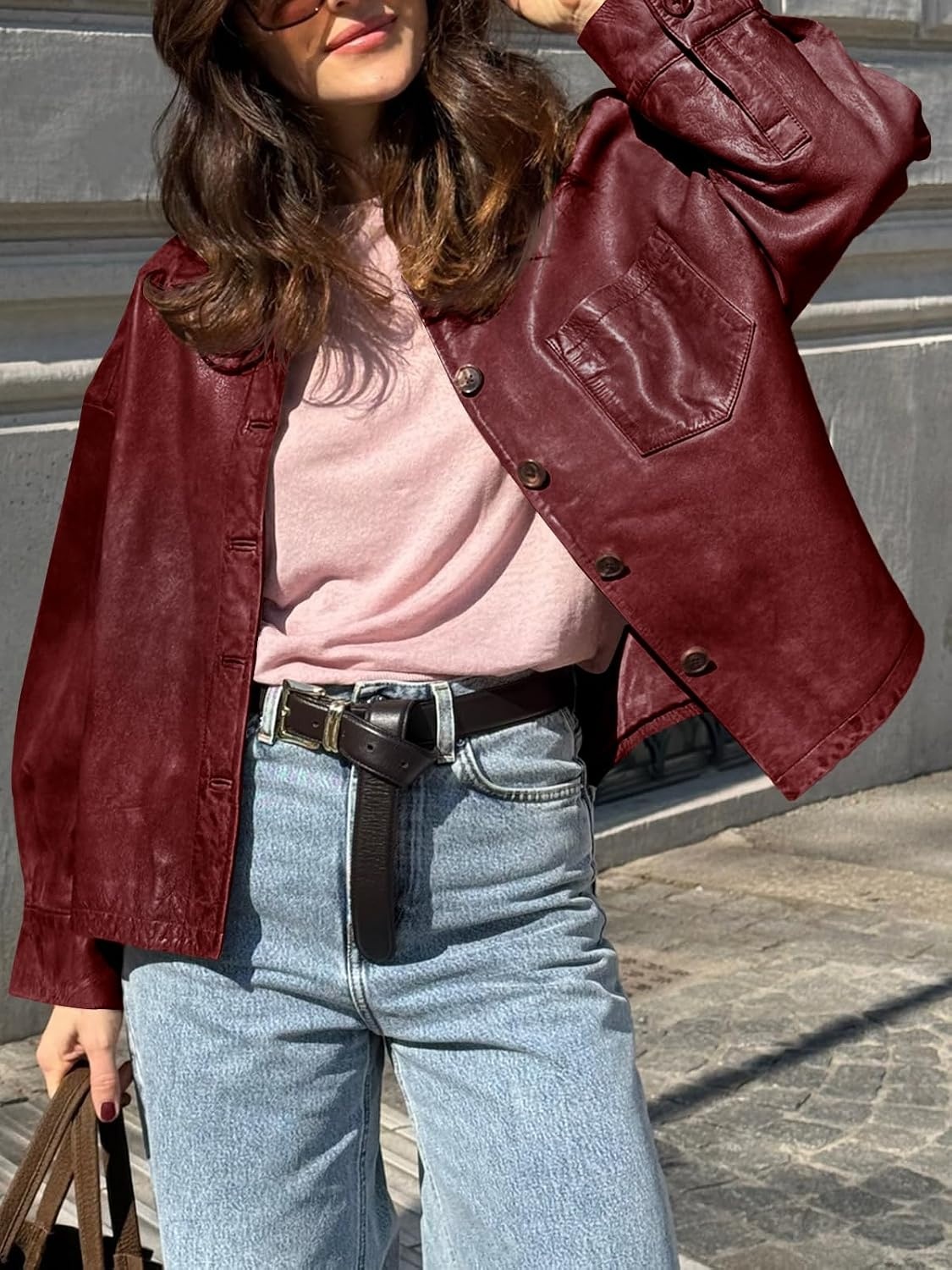 image:imageTankaneo Womens Collared Button Down Faux Leather Jackets Casual OutwearWine Red
