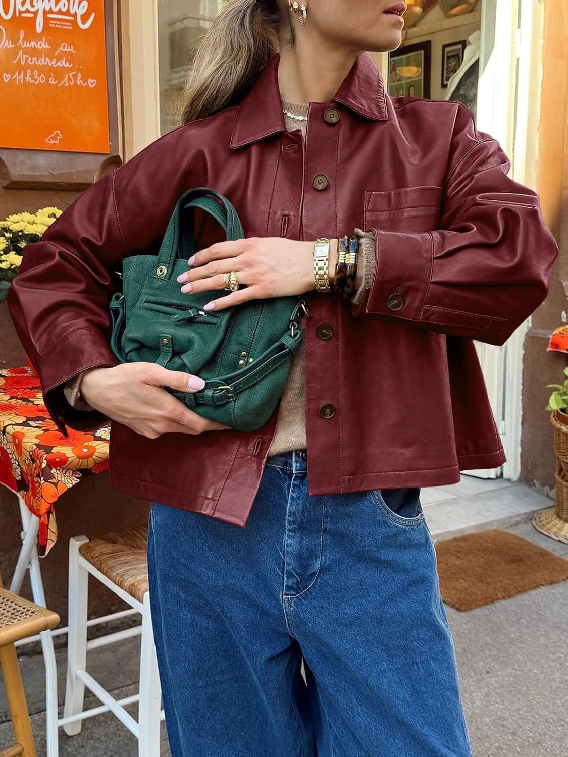 image:imageTankaneo Womens Collared Button Down Faux Leather Jackets Casual OutwearWine Red