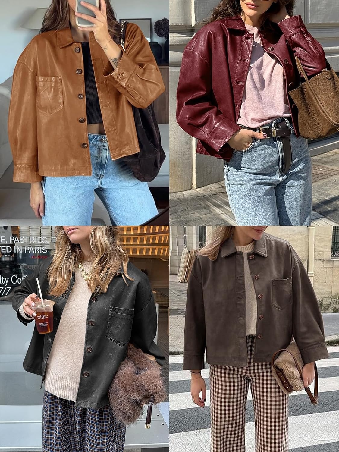 image:imageTankaneo Womens Collared Button Down Faux Leather Jackets Casual OutwearWine Red