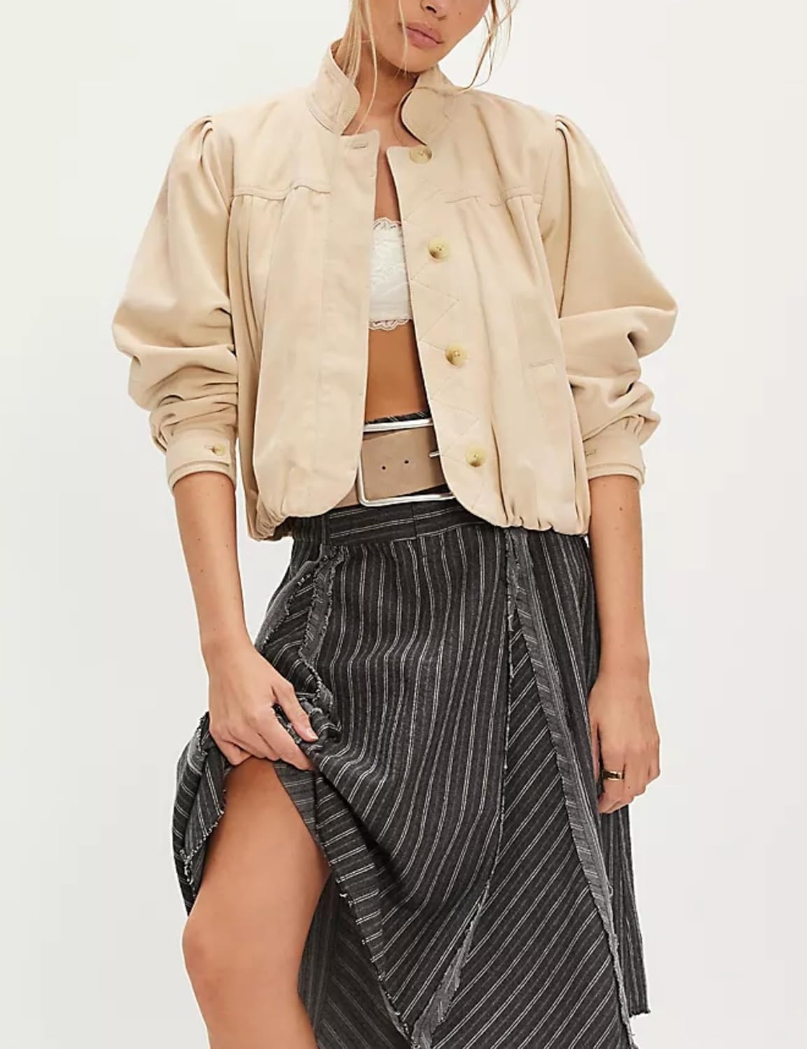 image:imageWanzetaly Womens Faux Suede Jacket Casual Cropped Leather Coat with Pocket Button Bomber JacketBeige