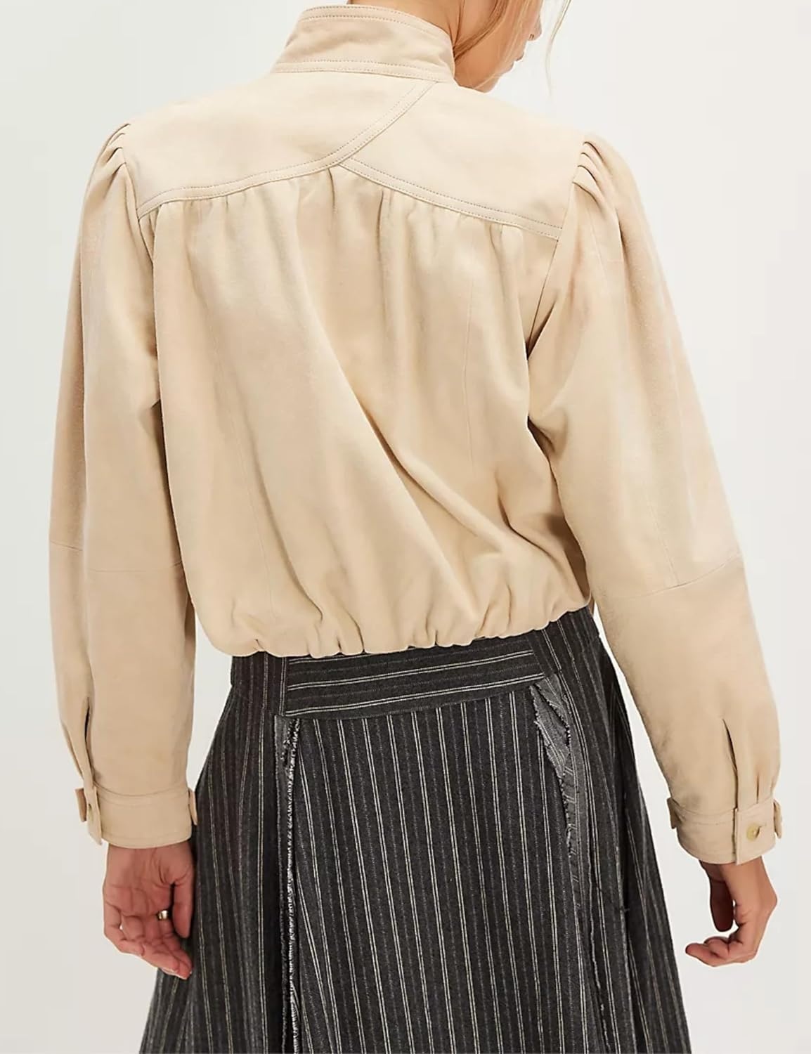 image:imageWanzetaly Womens Faux Suede Jacket Casual Cropped Leather Coat with Pocket Button Bomber JacketBeige