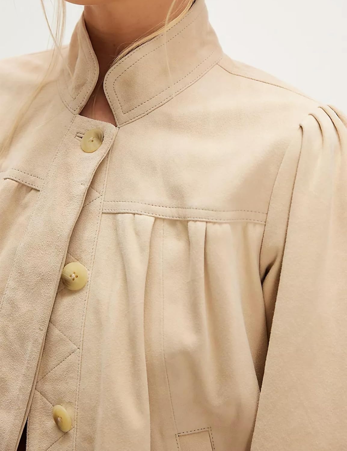 image:imageWanzetaly Womens Faux Suede Jacket Casual Cropped Leather Coat with Pocket Button Bomber JacketBeige