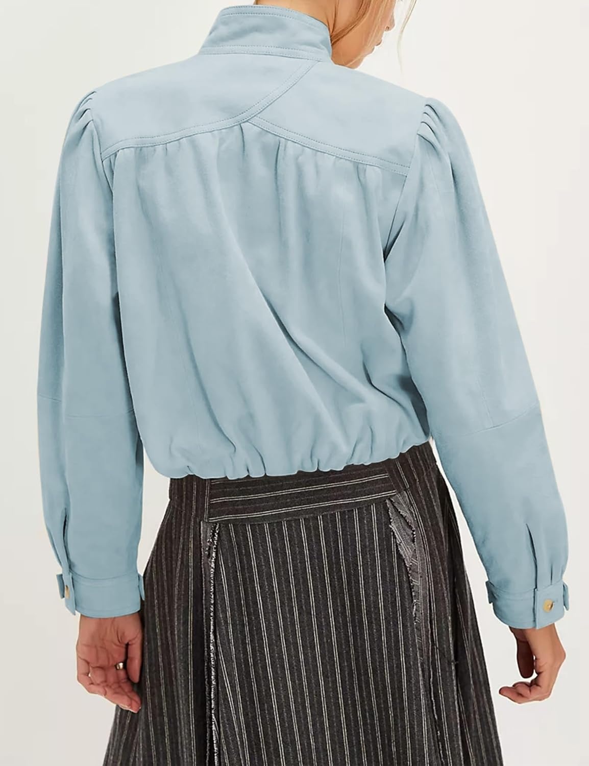 image:imageWanzetaly Womens Faux Suede Jacket Casual Cropped Leather Coat with Pocket Button Bomber JacketBlue