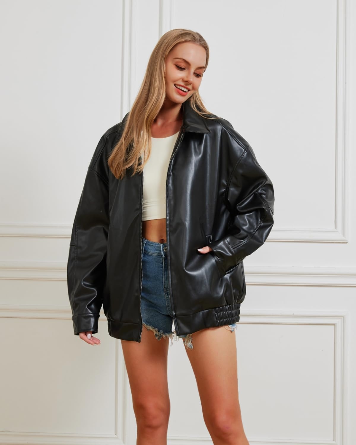 image:imageWomen Leather Jacket Oversized Faux Jacket for Fall and WinterBlack