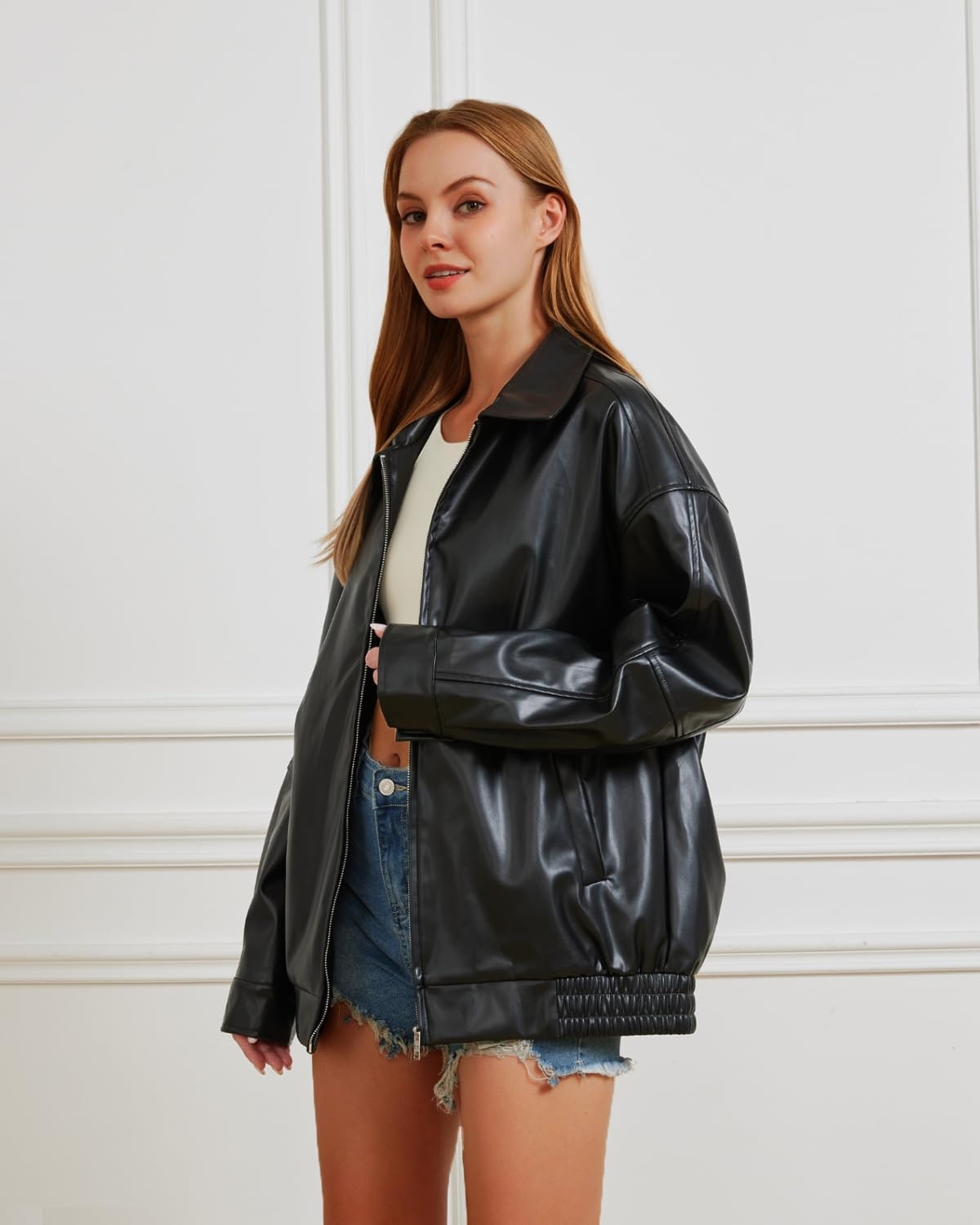 image:imageWomen Leather Jacket Oversized Faux Jacket for Fall and WinterBlack