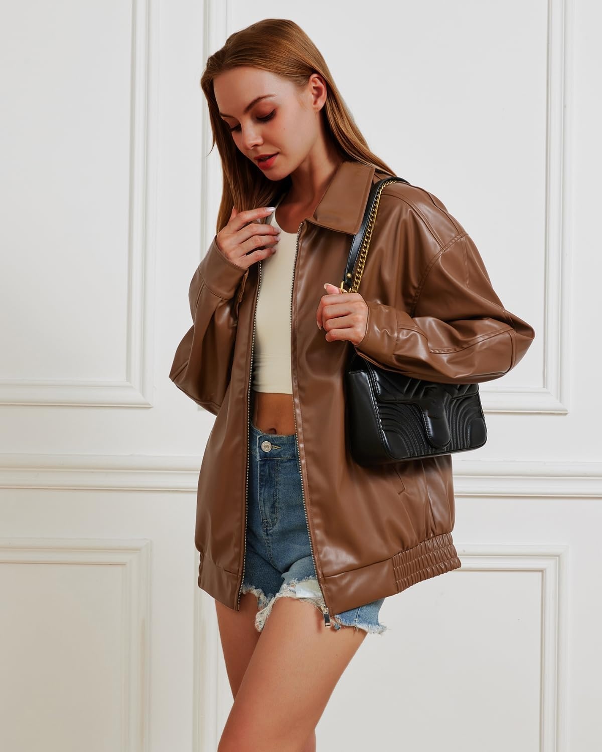image:imageWomen Leather Jacket Oversized Faux Jacket for Fall and WinterBrown