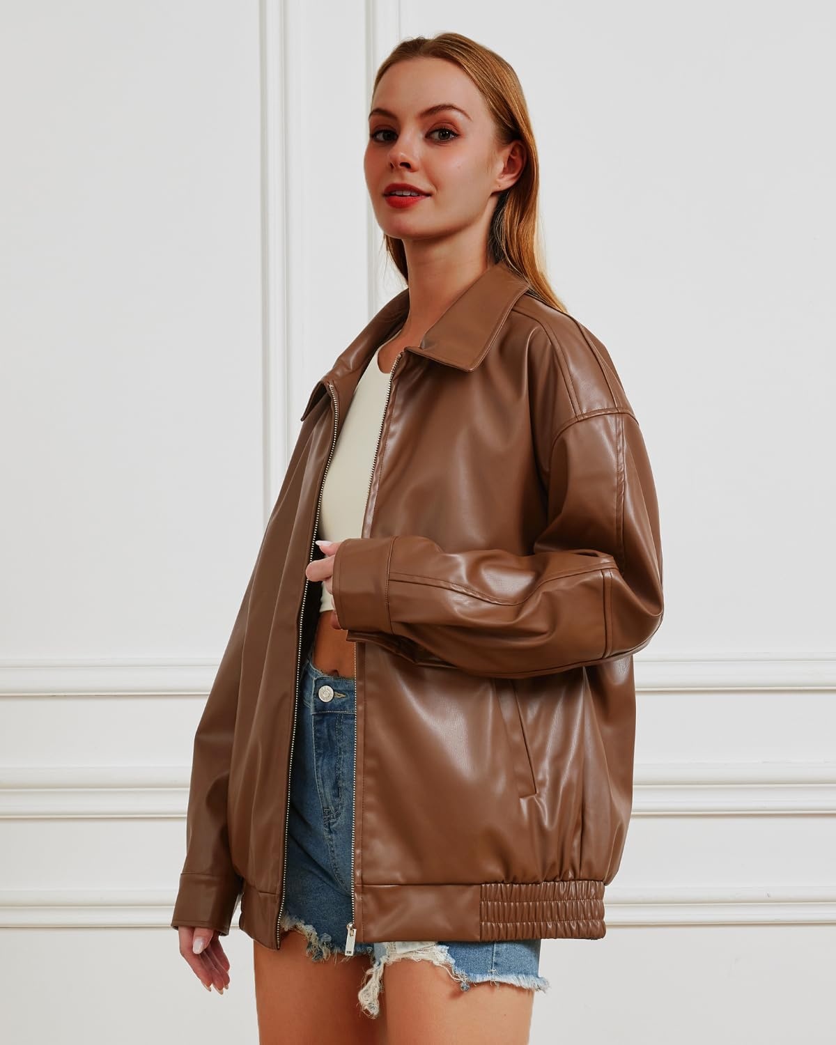 image:imageWomen Leather Jacket Oversized Faux Jacket for Fall and WinterBrown
