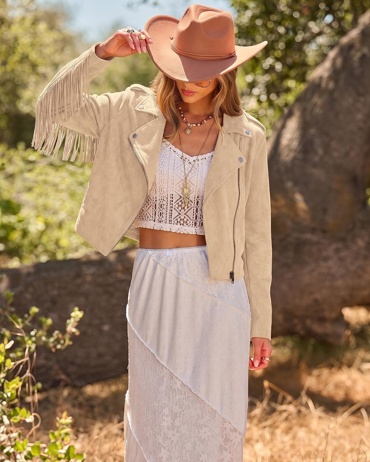 image:imageluvamia Fringe Jackets For Women Trendy Cropped Faux Suede Jacket WomenBeige