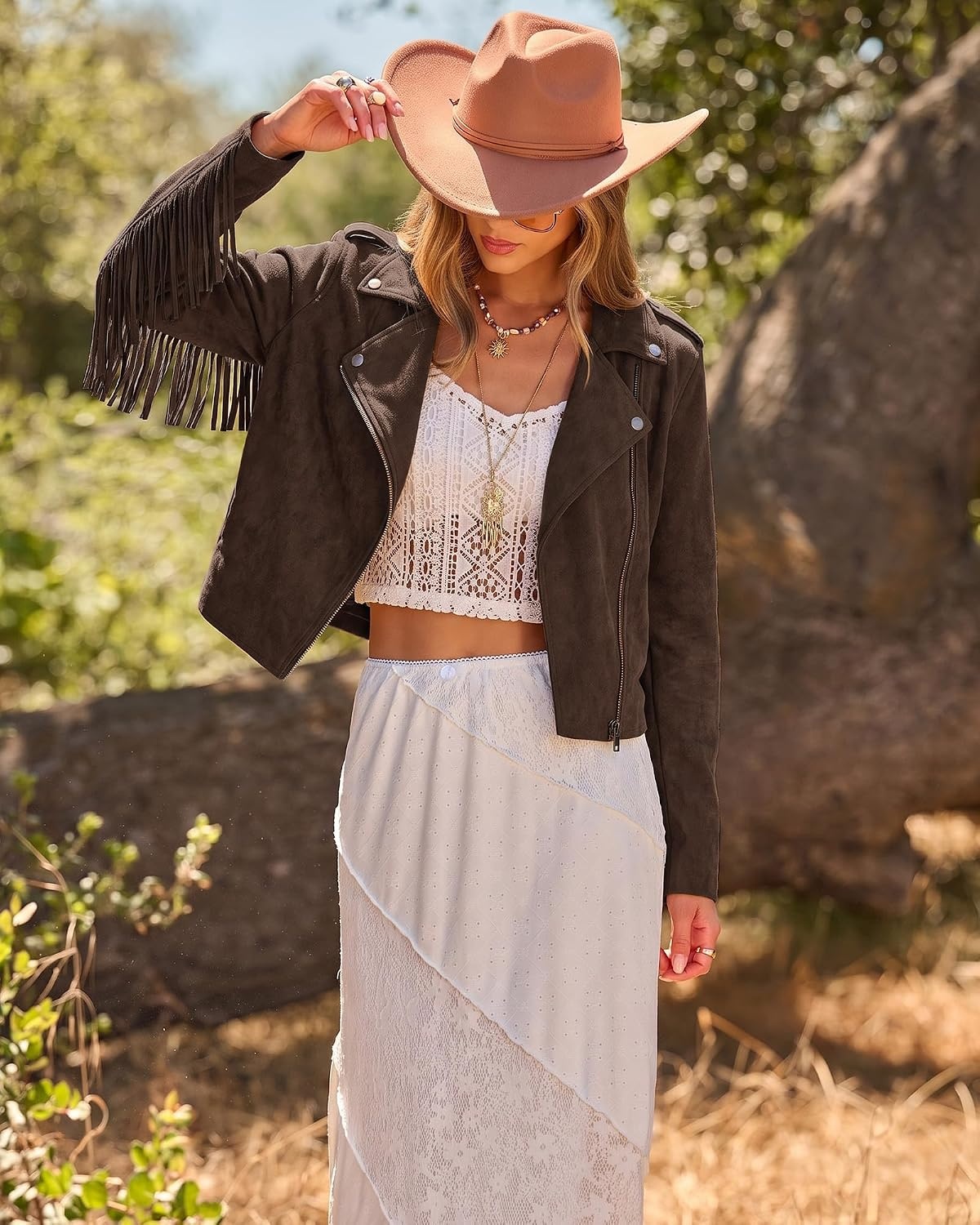 image:imageluvamia Fringe Jackets For Women Trendy Cropped Faux Suede Jacket WomenDark Brown