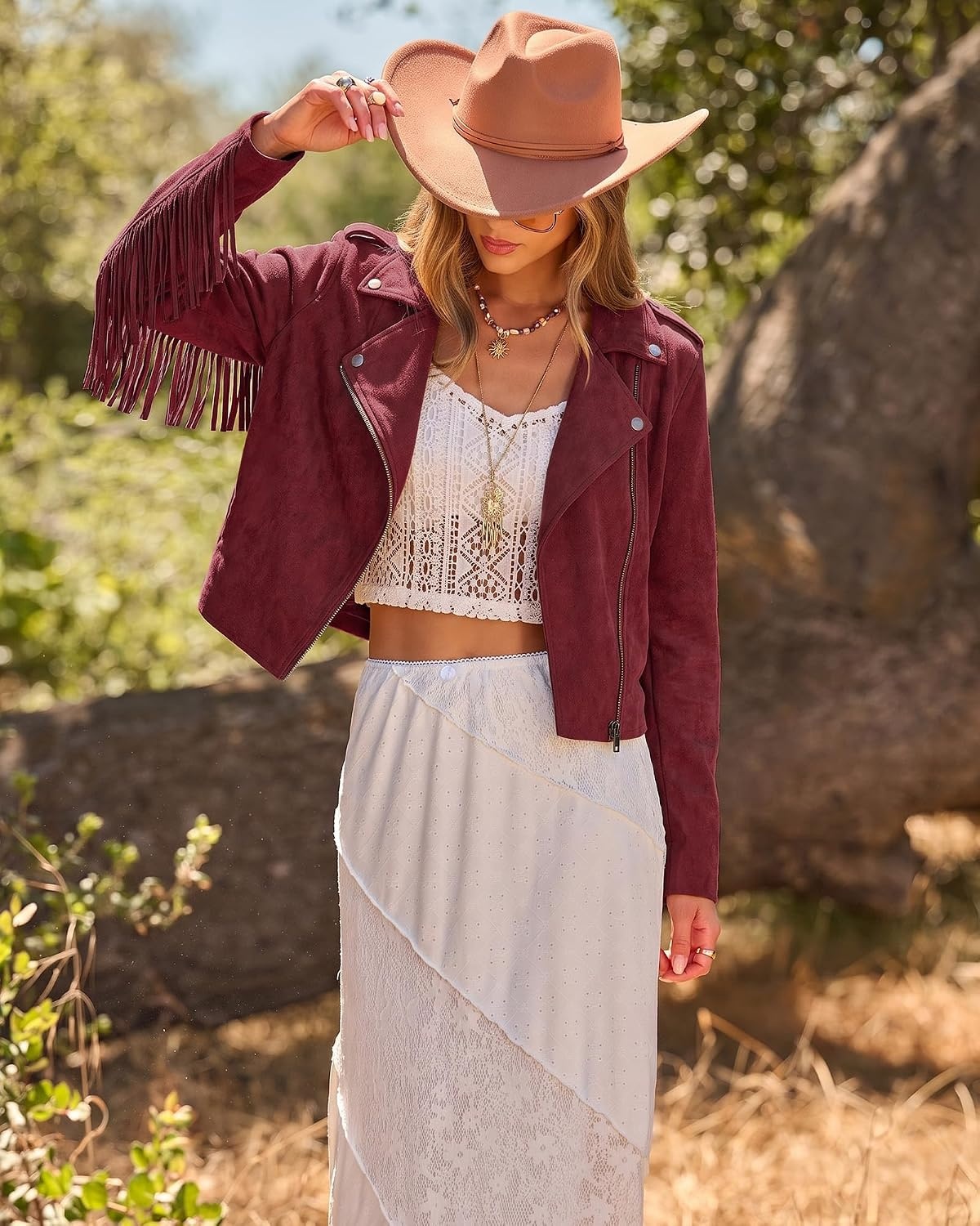image:imageluvamia Fringe Jackets For Women Trendy Cropped Faux Suede Jacket WomenWine Red