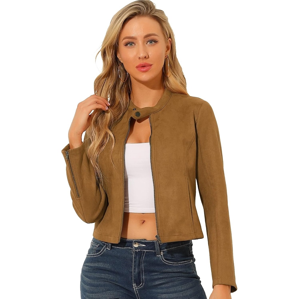 image:imageAllegra K Womens Faux Suede Jacket Zip Up Crop Biker Moto Coat OuterwearBrown