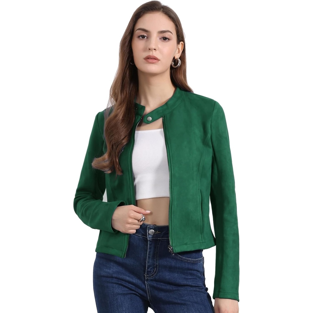 image:imageAllegra K Womens Faux Suede Jacket Zip Up Crop Biker Moto Coat OuterwearDark Green