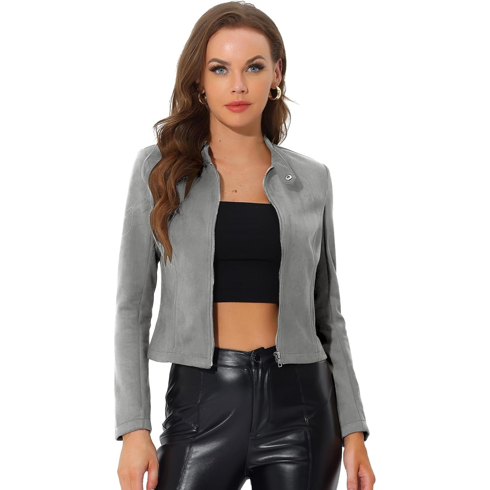image:imageAllegra K Womens Faux Suede Jacket Zip Up Crop Biker Moto Coat OuterwearGray