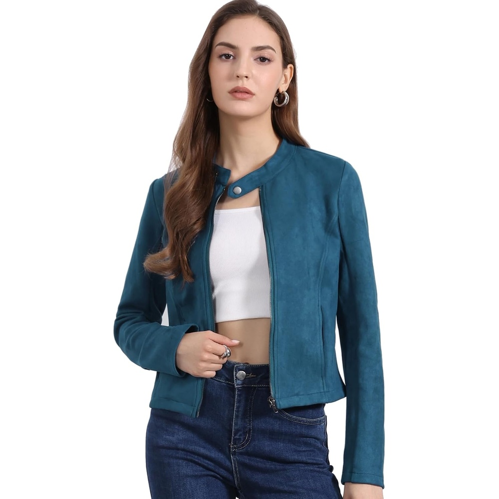 image:imageAllegra K Womens Faux Suede Jacket Zip Up Crop Biker Moto Coat OuterwearPeacock Blue