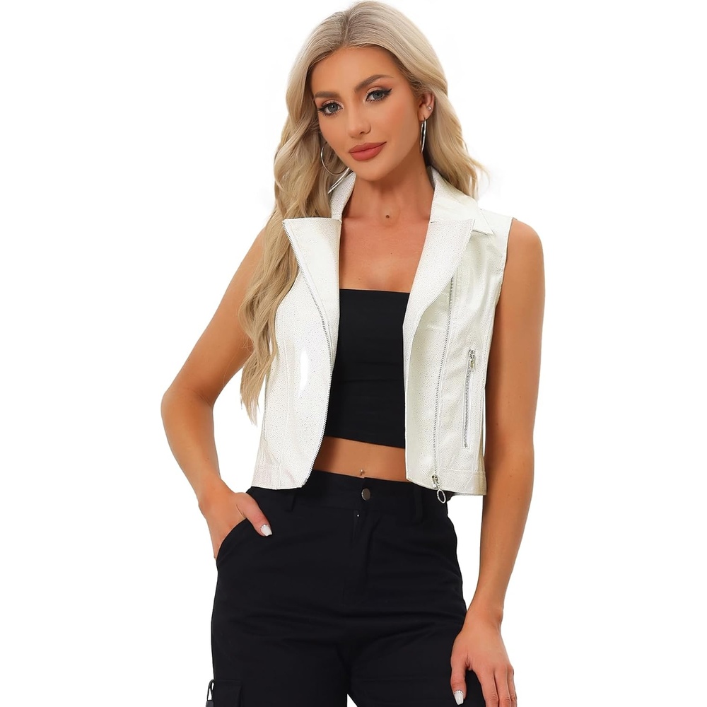 image:imageAllegra K Womens Metallic Vest Faux Leather Zip Cropped Holographic JacketWhitedots