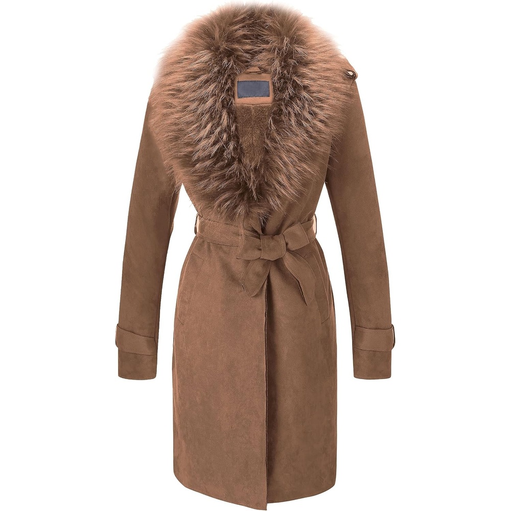 image:imageBellivera Womens Faux Suede Leather Fleece Lined Trench CoatBrown
