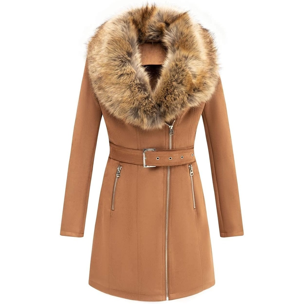 image:imageBellivera Womens Faux Suede Leather Fleece Lined Trench CoatCamel Coat