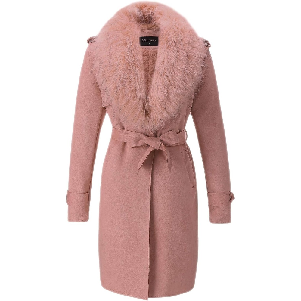 image:imageBellivera Womens Faux Suede Leather Fleece Lined Trench CoatPink