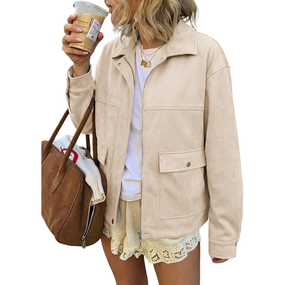 image:imageEVALESS Womens Faux Suede Jacket Fall Fashion Casual Winter Coats OuterwearBeige