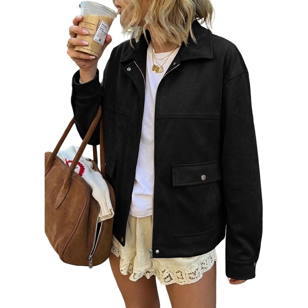 image:imageEVALESS Womens Faux Suede Jacket Fall Fashion Casual Winter Coats OuterwearBlack
