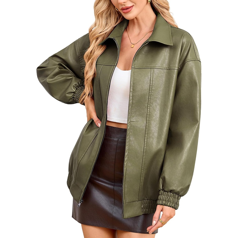 image:imageKOMANA Womens Zip Ribbed Leather Jacket Faux Oversized Winter Warm CoatArmy Green