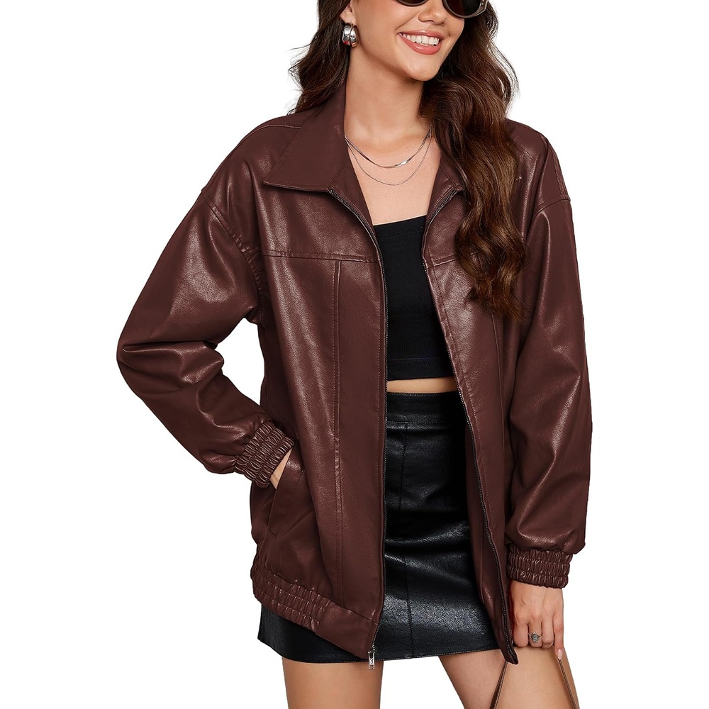 image:imageKOMANA Womens Zip Ribbed Leather Jacket Faux Oversized Winter Warm CoatBrown