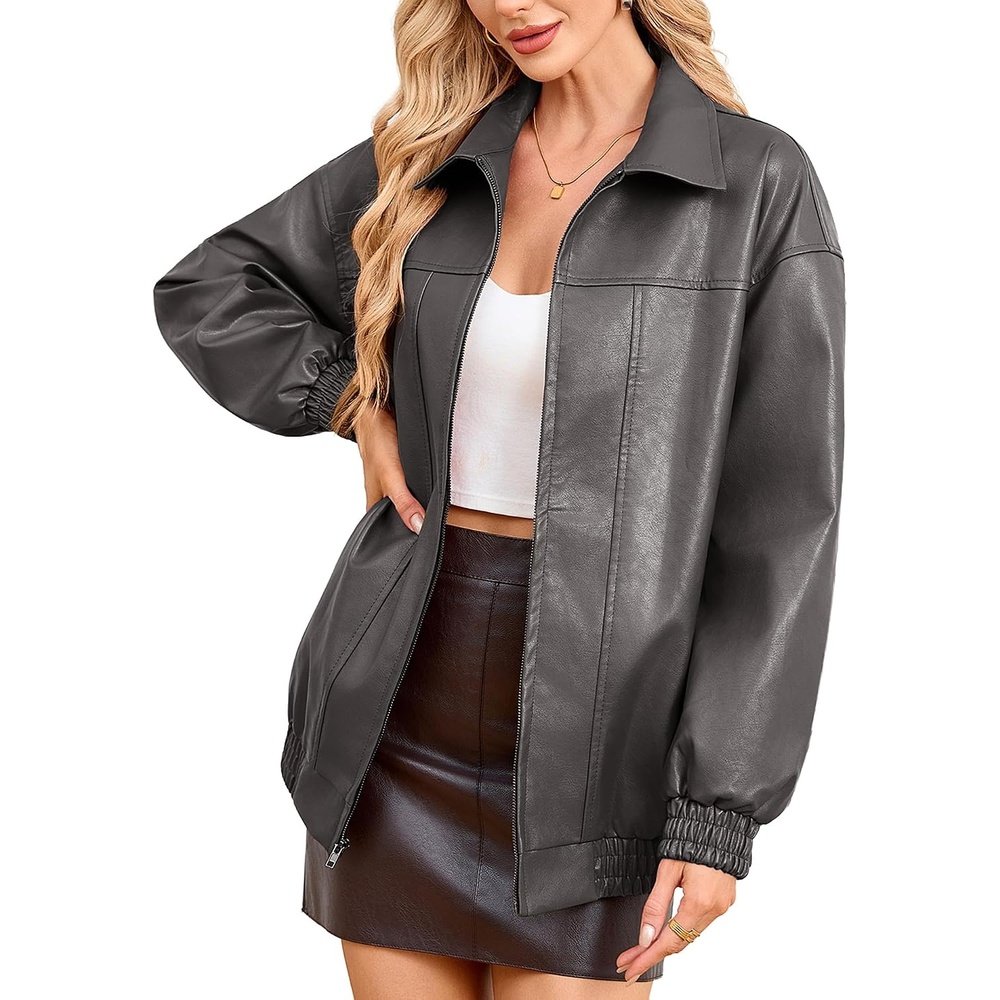 image:imageKOMANA Womens Zip Ribbed Leather Jacket Faux Oversized Winter Warm CoatGrey