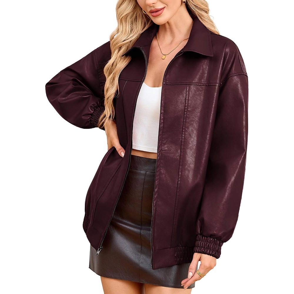 image:imageKOMANA Womens Zip Ribbed Leather Jacket Faux Oversized Winter Warm CoatPurple